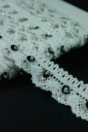 Dantela De Bumbac Cu Margele, 16mm, Alb