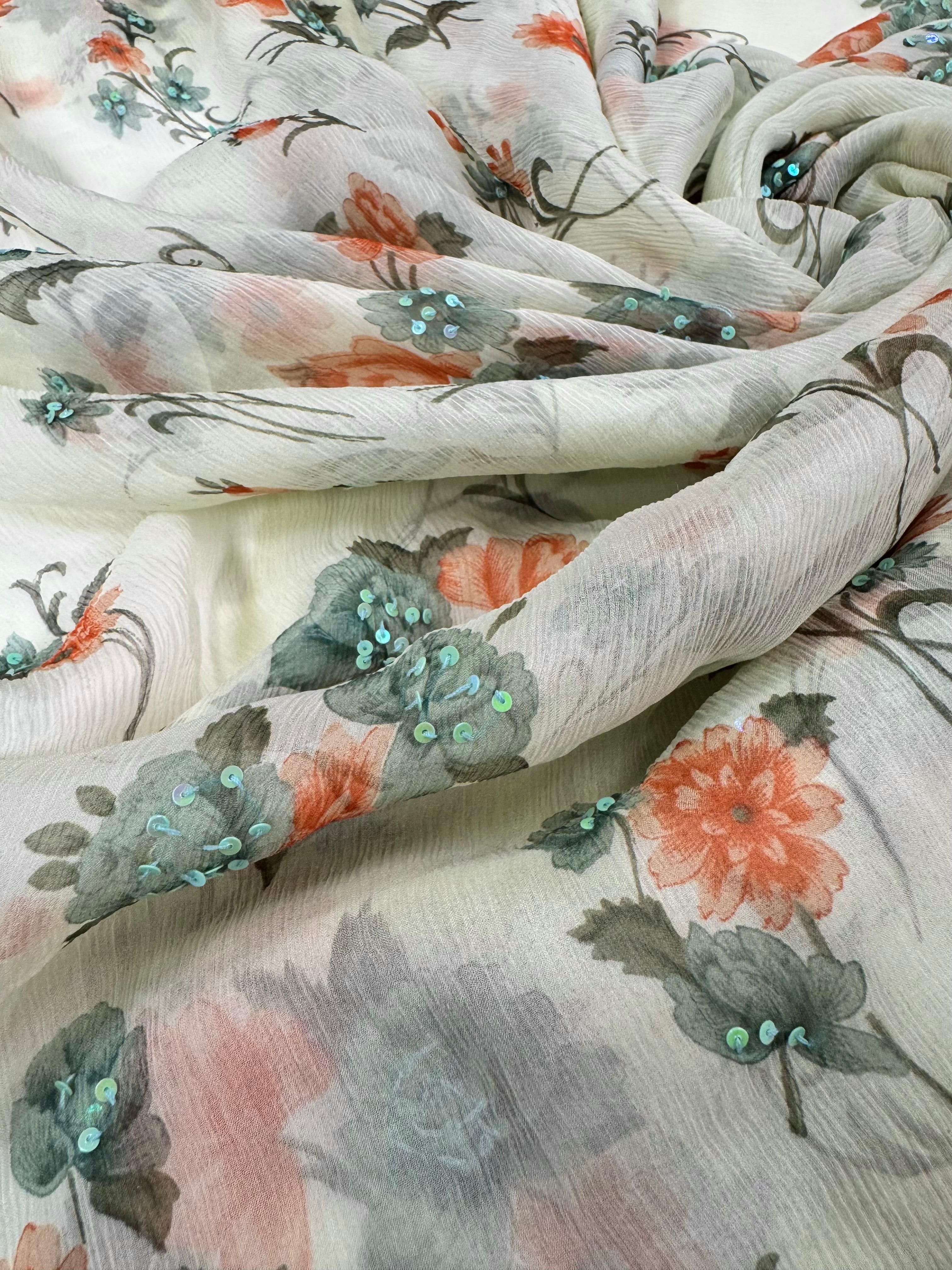 Voal Imprimat De Matase Naturala Cu Paiete - Vernil