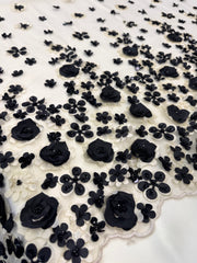 Broderie Pe Tull Crem Unt Cu Flori 3D Negre