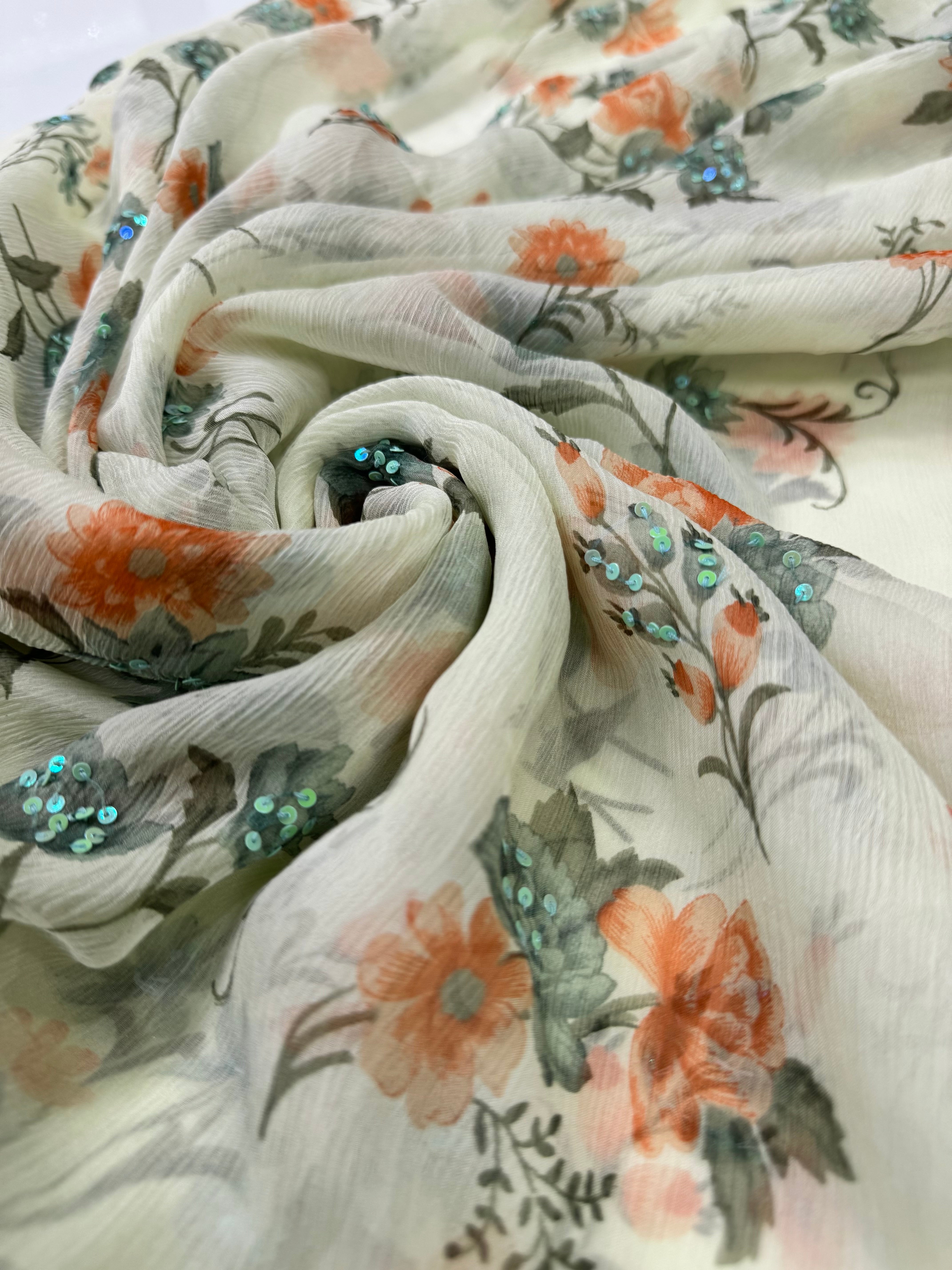 Voal Imprimat De Matase Naturala Cu Paiete - Vernil