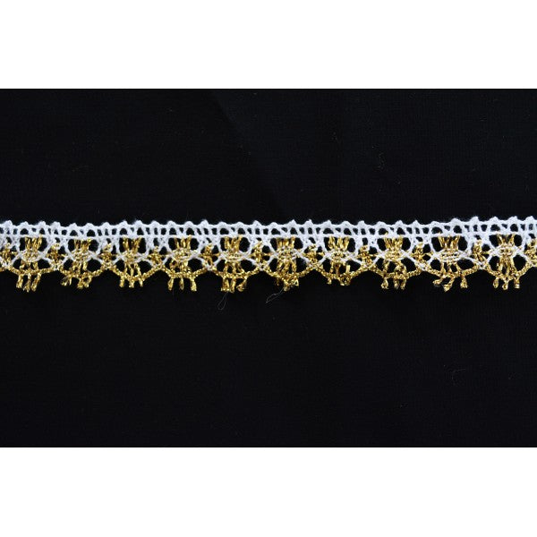 Dantela De Bumbac, 20mm, Alb Cu Auriu