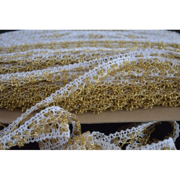 Dantela De Bumbac, 20mm, Alb Cu Auriu