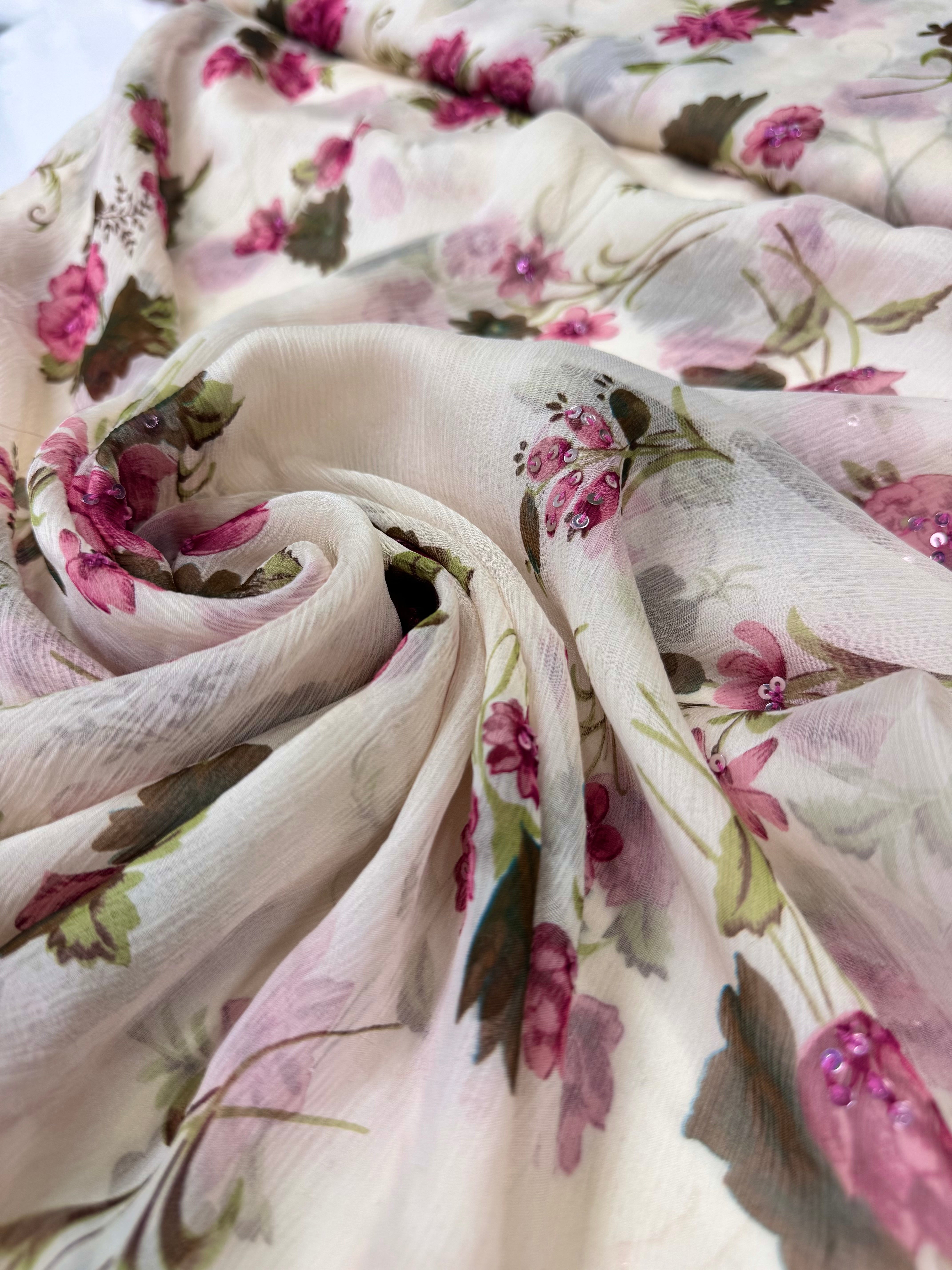 Voal Imprimat De Matase Naturala Cu Paiete - Roz