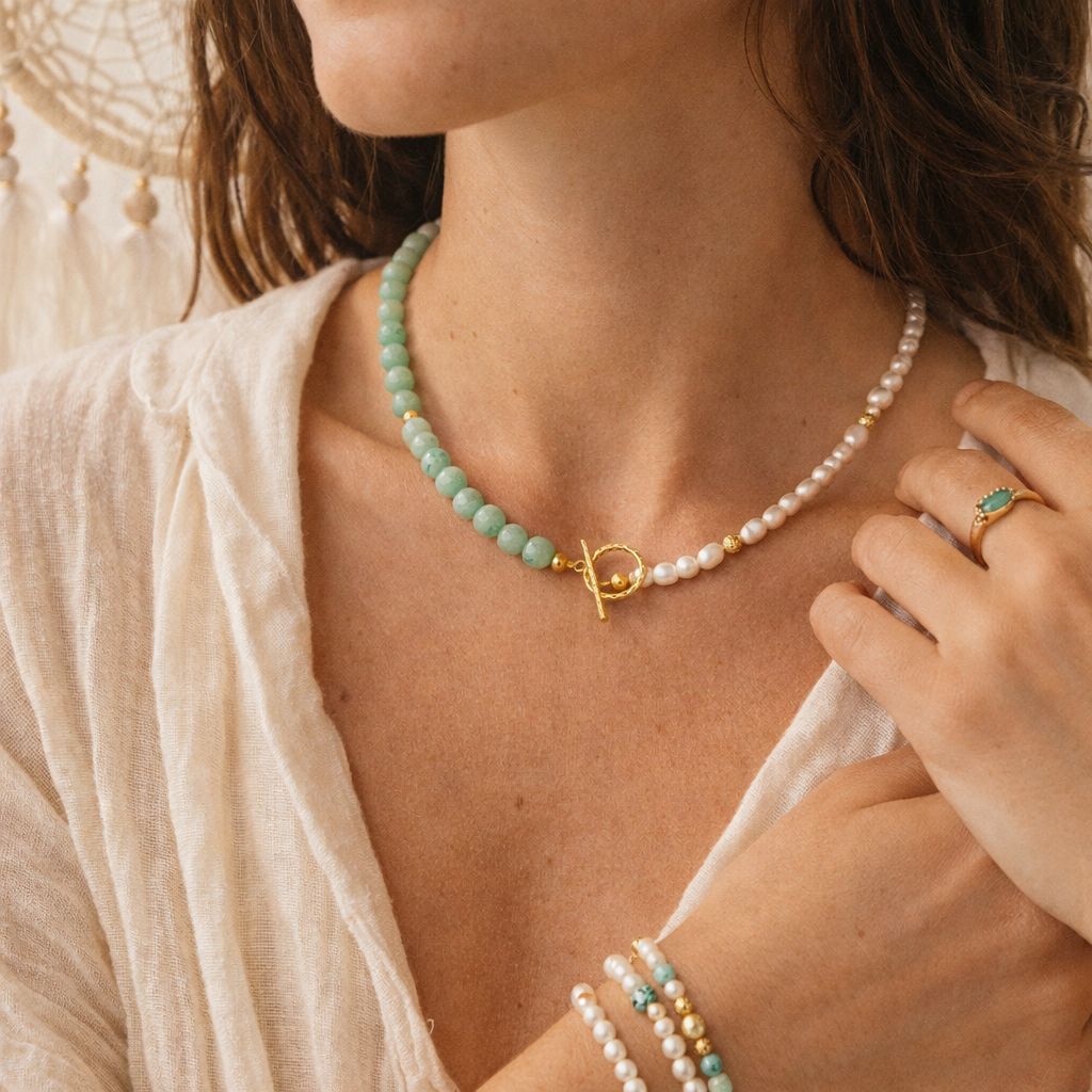 Colier Din Pietre Semipretioase, Aventurin, Perle Si Argint 925