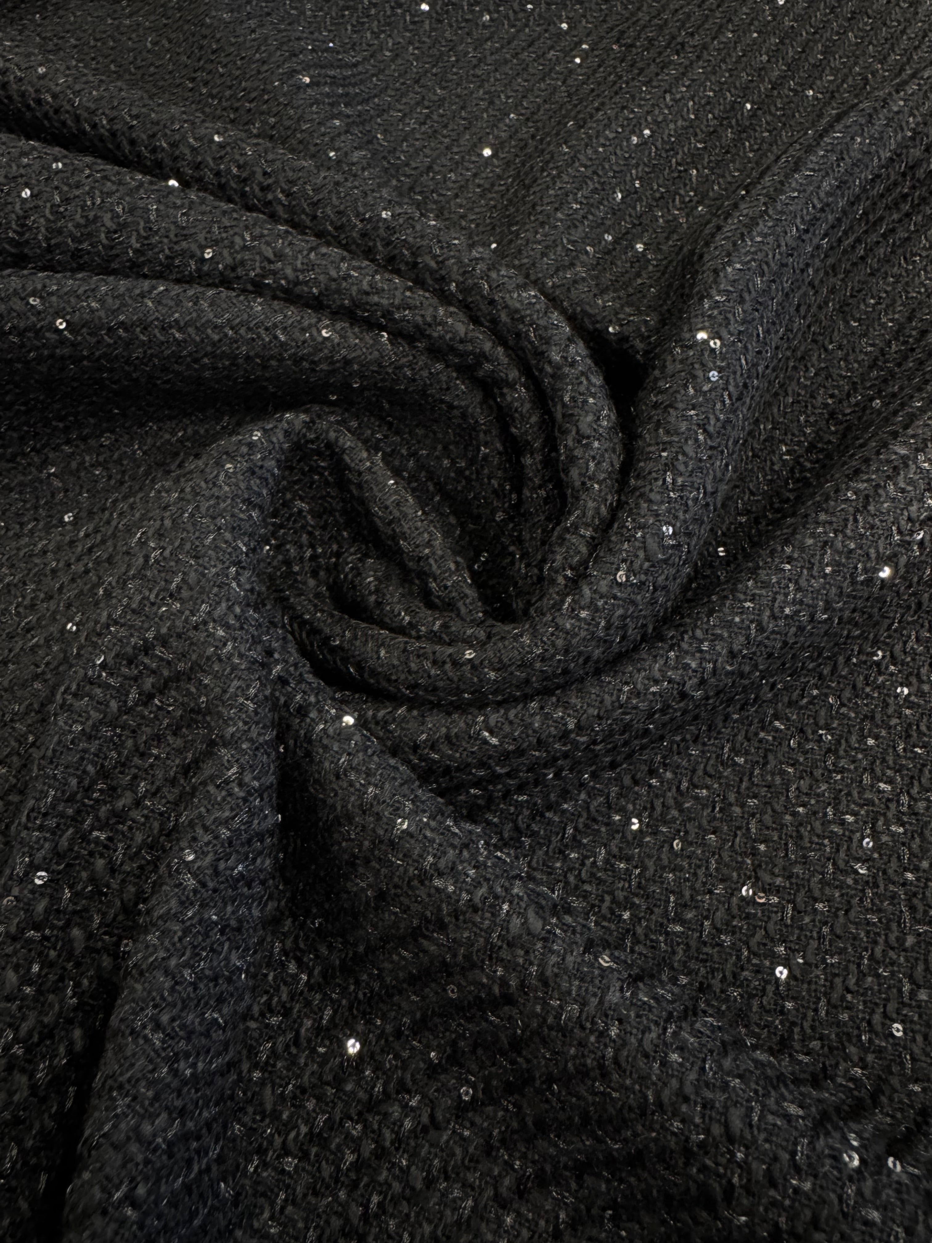 Stofă Tweed Neagră Cu Paiete Fine Negre