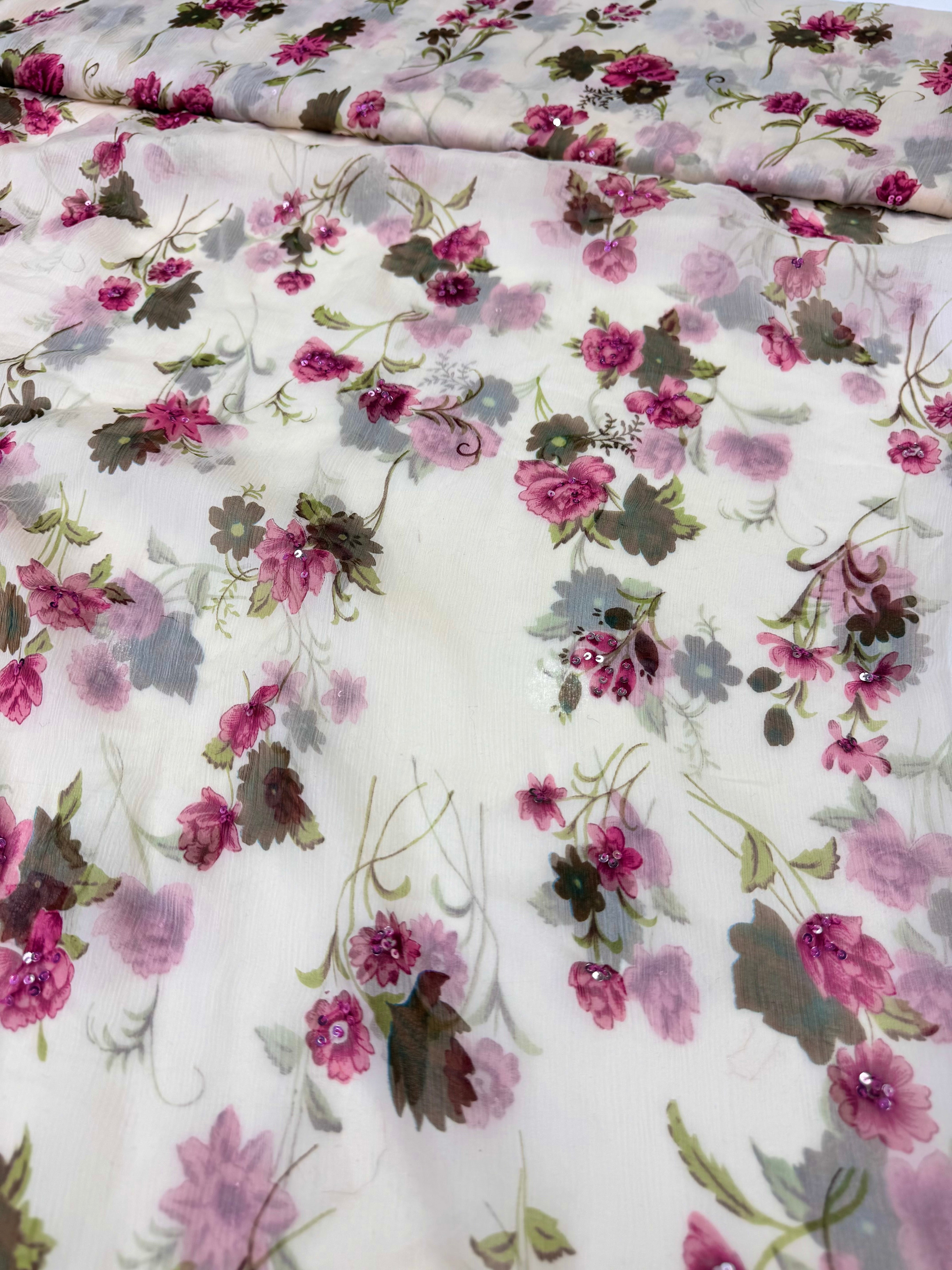 Voal Imprimat De Matase Naturala Cu Paiete - Roz