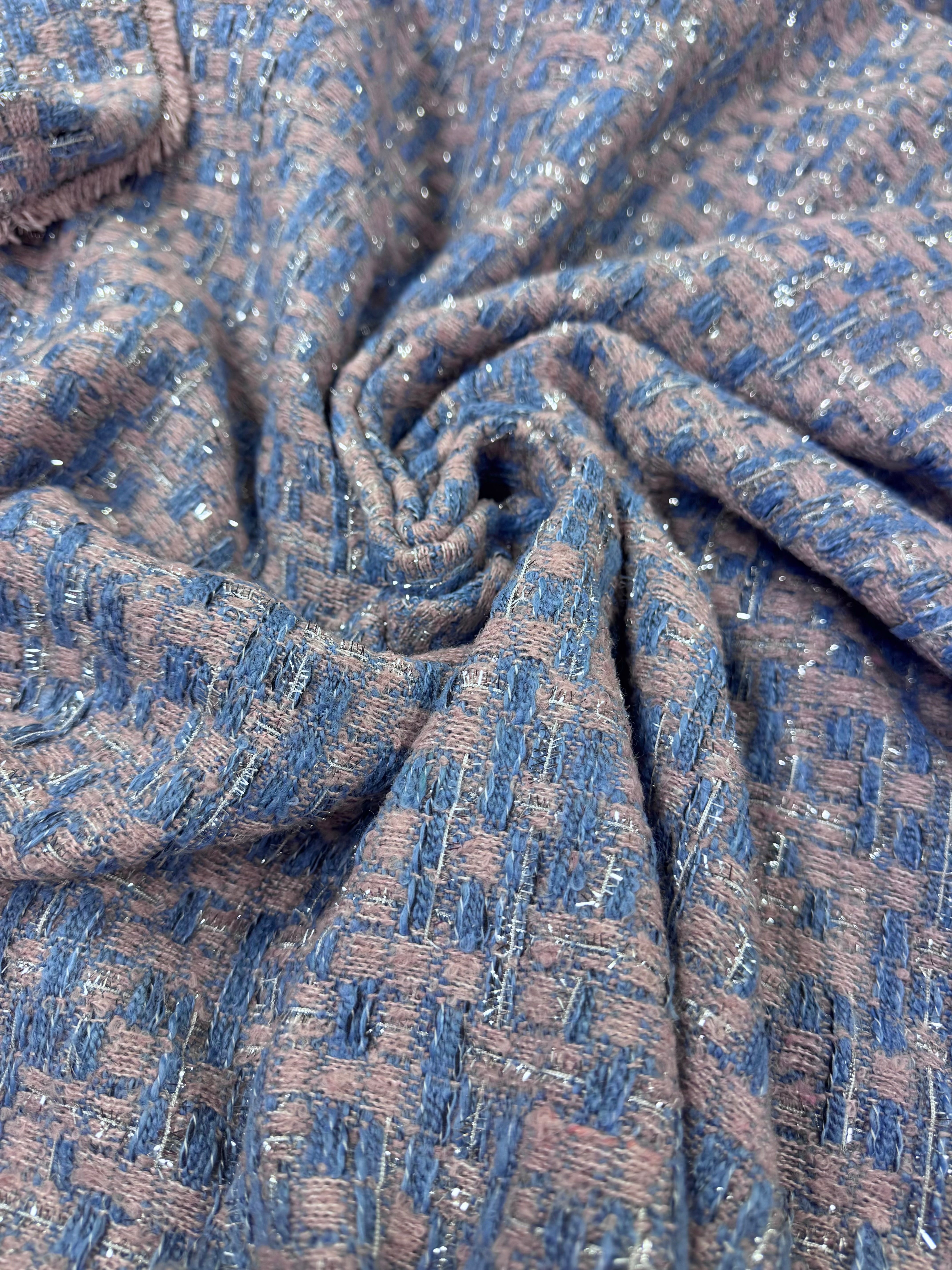 Stofă Tweed roz cu bleu si fir lurex argintiu