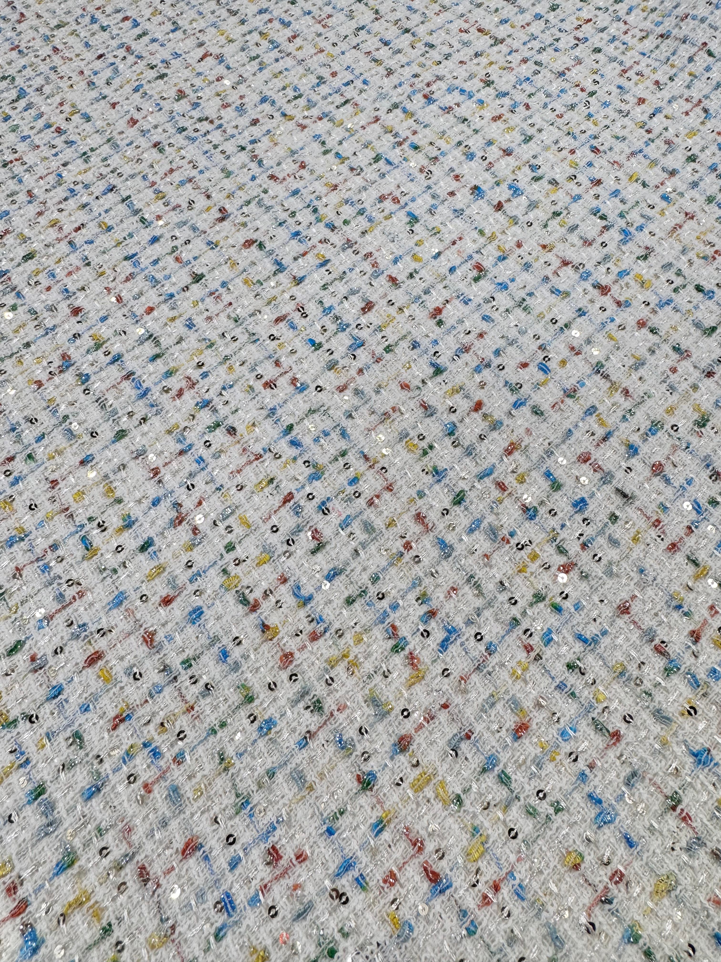 Stofă Tweed Alb Cu Paiete Fine Argintii