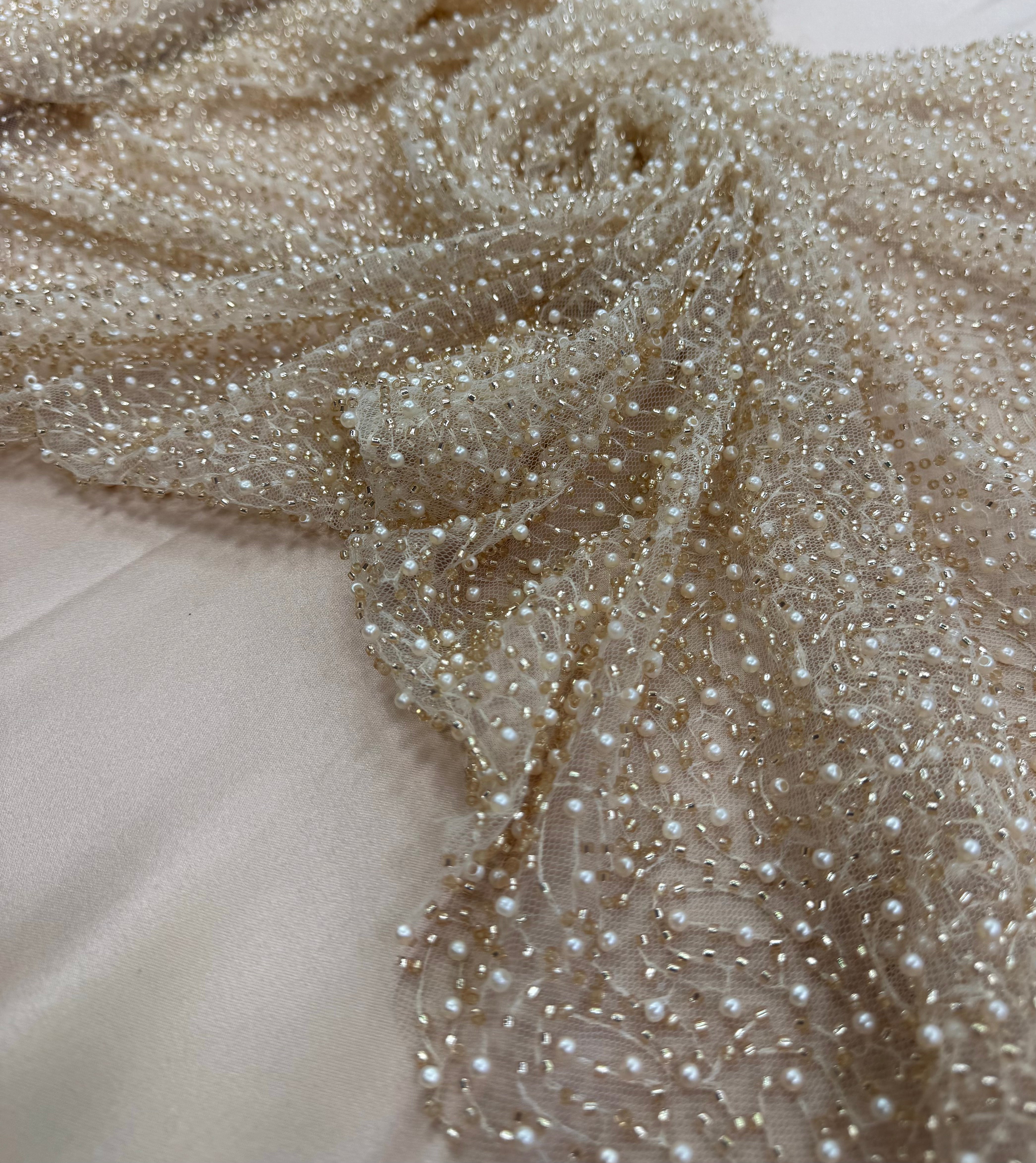 Cupon broderie cu mărgele 50cm - Bej, lățime 1.30m