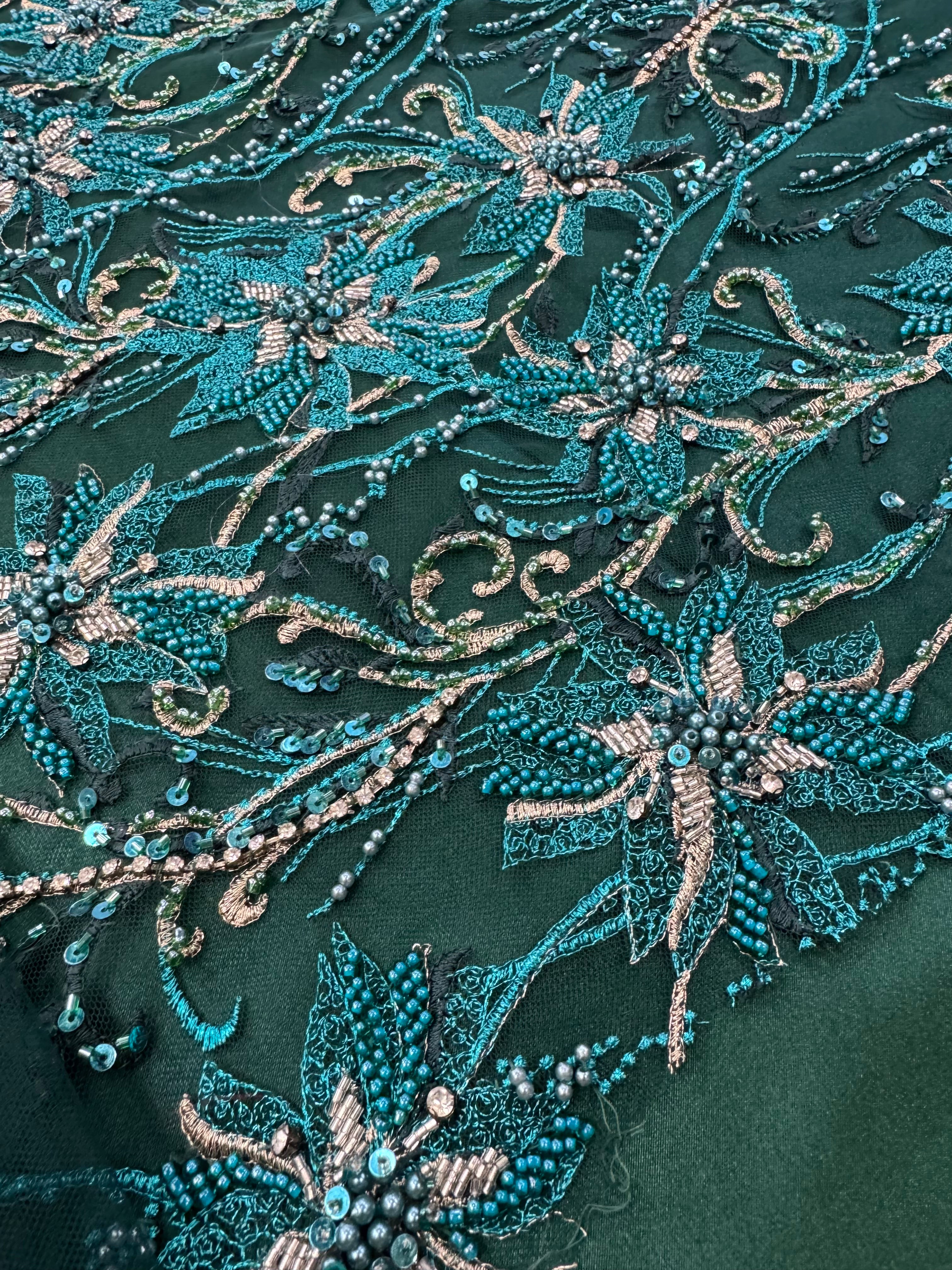 Cupon broderie cu mărgele 50cm - verde turcoaz, lățime 1.30m