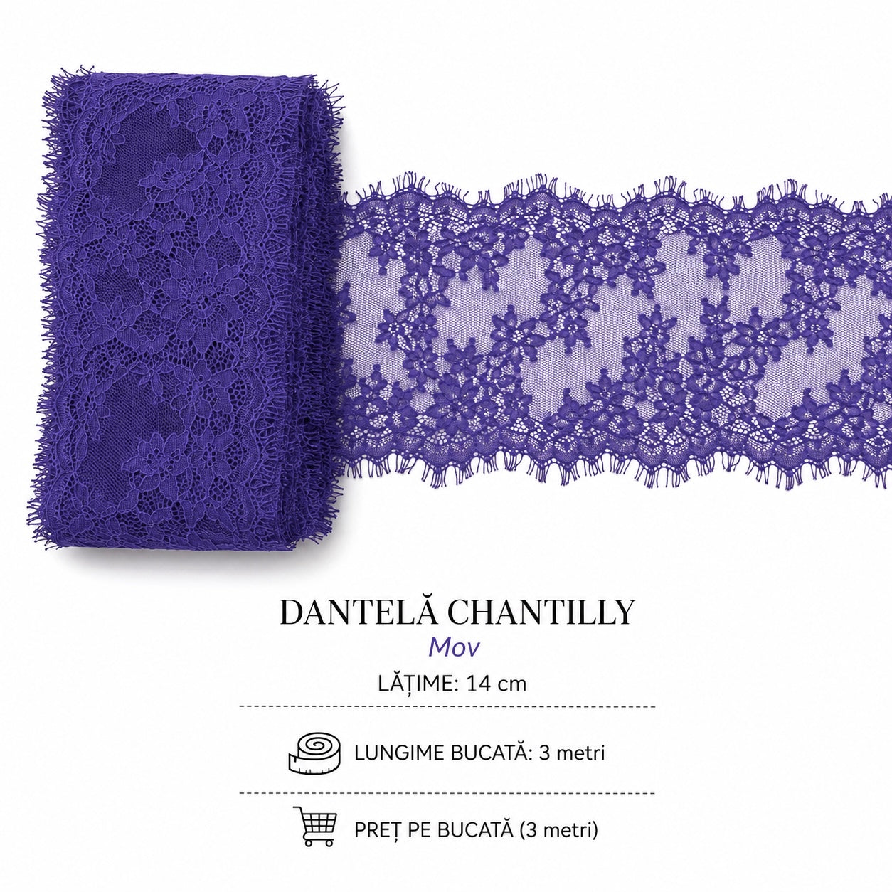 Dantela Fina Chantilly Mov, 300 x 3 cm bucata