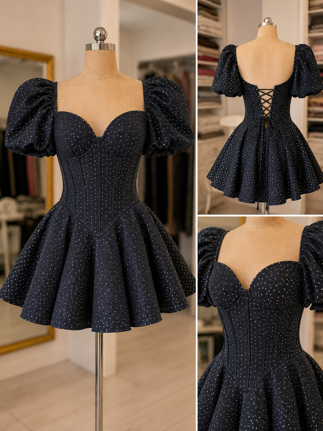 Denim ușor elastic cu strasuri