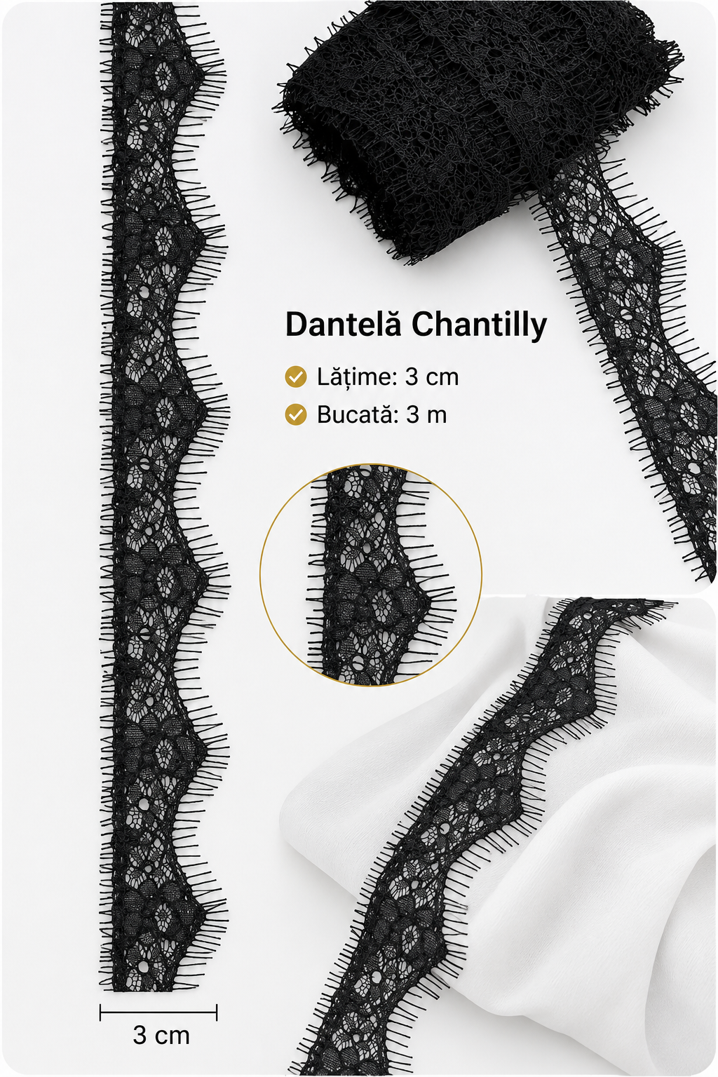 Dantela Fina Chantilly, 300 x 3 cm Bucata