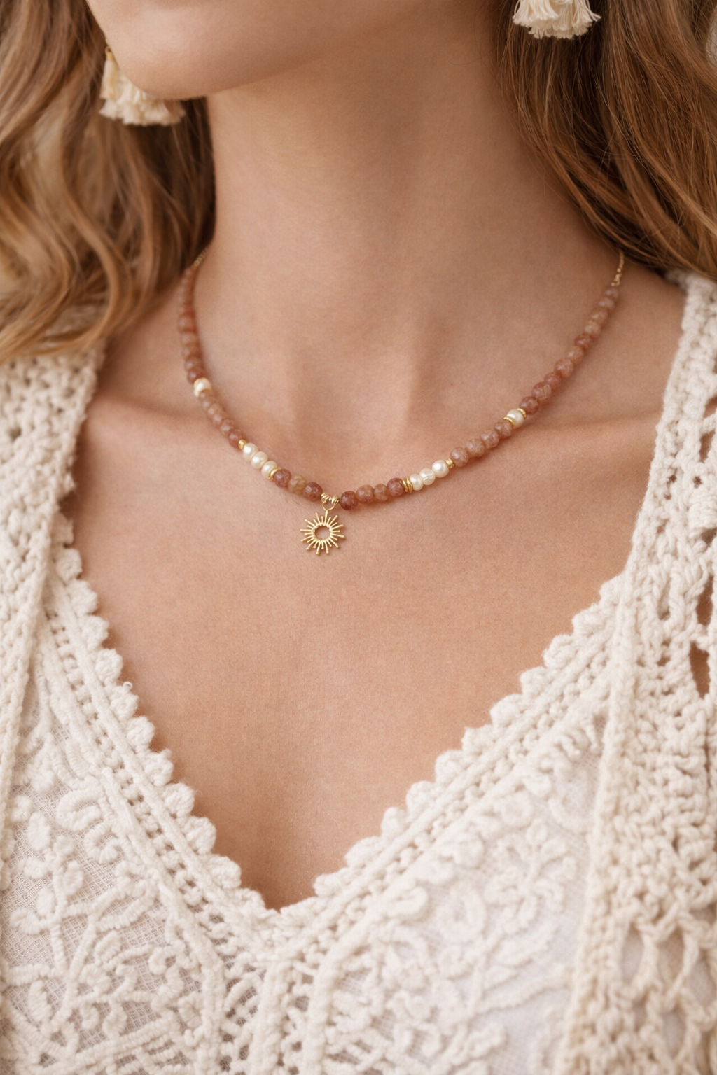 Colier din Cuart Strawberry, Perle și Argint