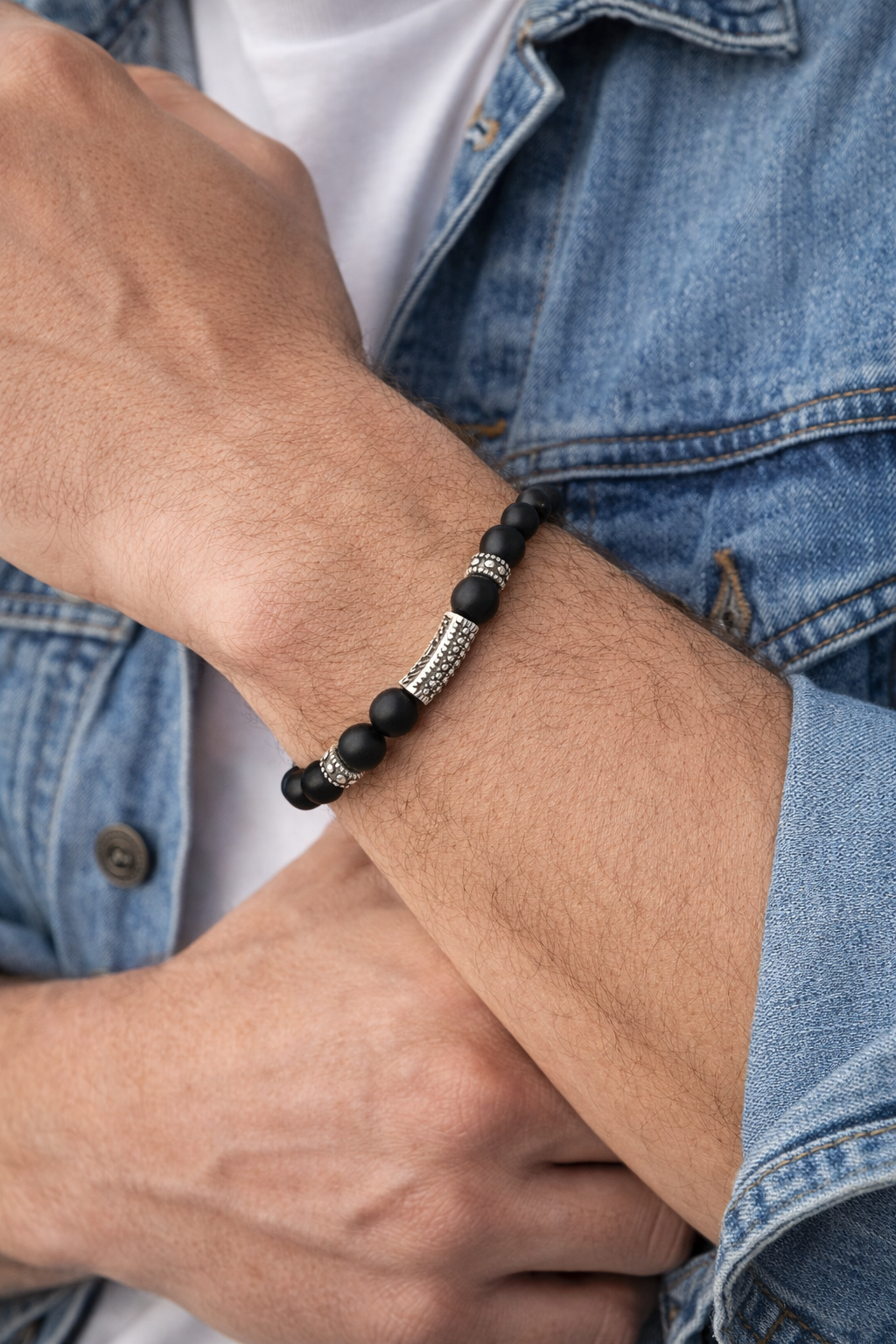 Bratara Cu Pietre Semipretioase Onix Mat Si Argint