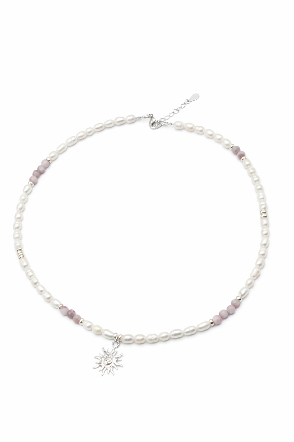 Colier din perle de cultură și cuarț strawberry – cu pandantiv Soare din argint