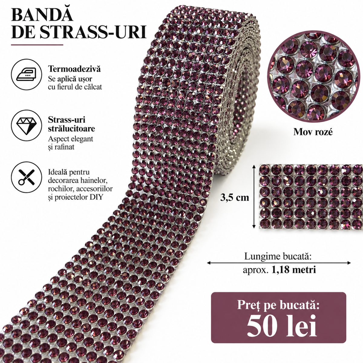 Aplicatie Strasuri Termoadezive, 3.50cm x 118 cm  (pret/bucata)