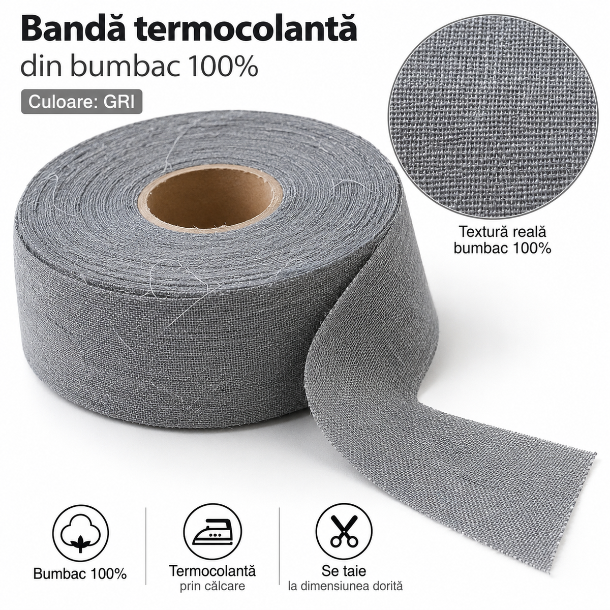 Banda Termocolant Pe Panza De Bumbac - Gri