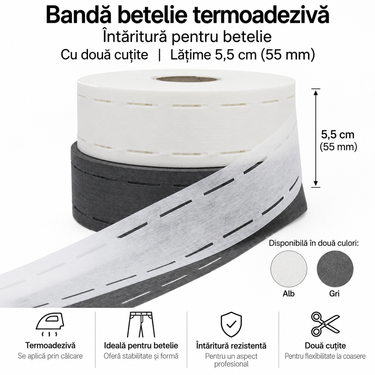 Banda Betelie, Hartie Termoadeziva Perforata Cu 2 Cutite, 50mm, Alb