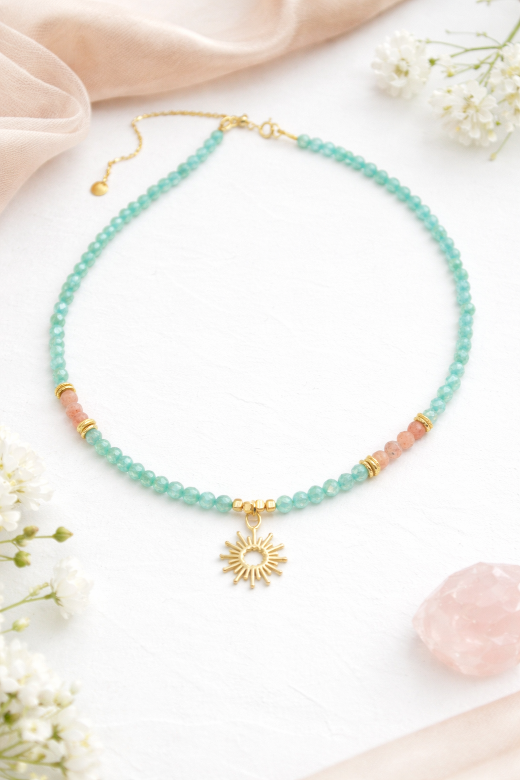 Colier din Piatra De Zirconiu Turcoaz, Cuartz Roz și Argint