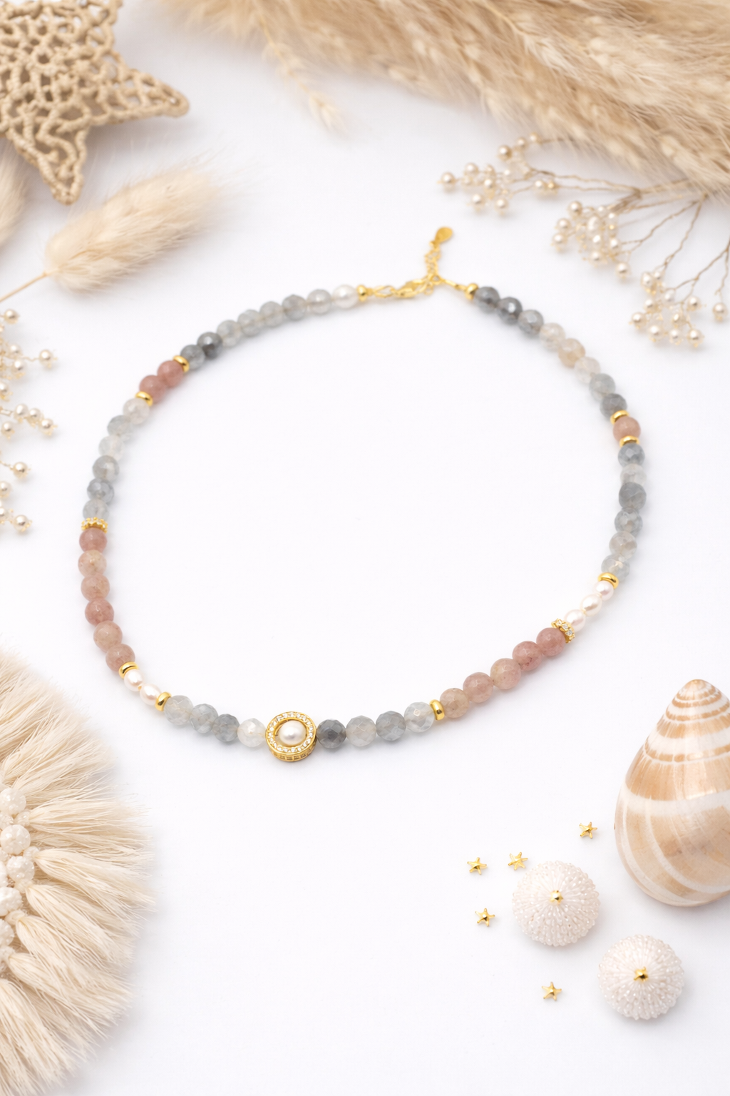 Colier din Cuart Strawberry,Agate, Perle și Argint