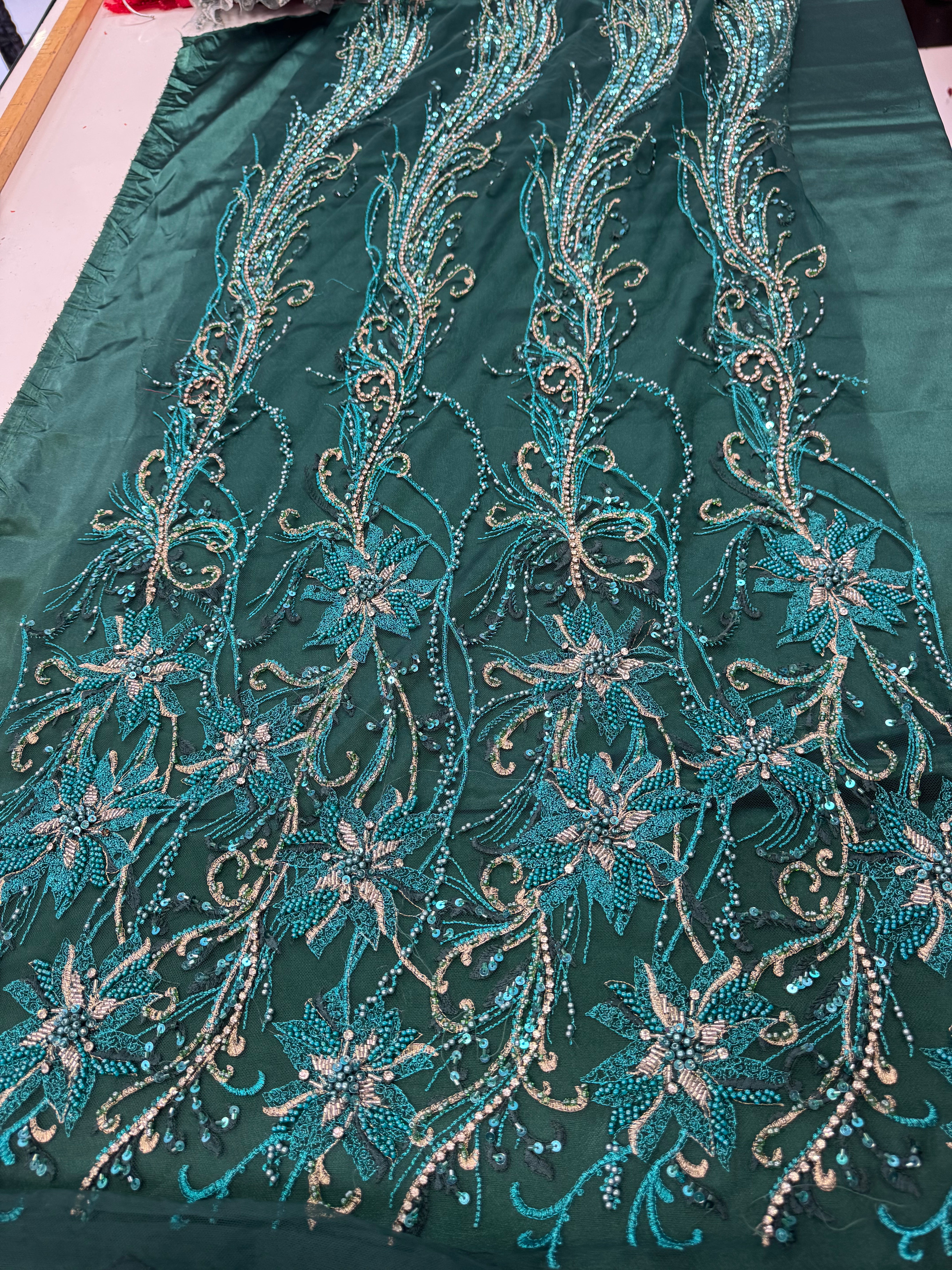 Cupon broderie cu mărgele 50cm - verde turcoaz, lățime 1.30m