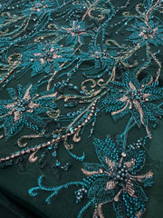 Cupon broderie cu mărgele 50cm - verde turcoaz, lățime 1.30m