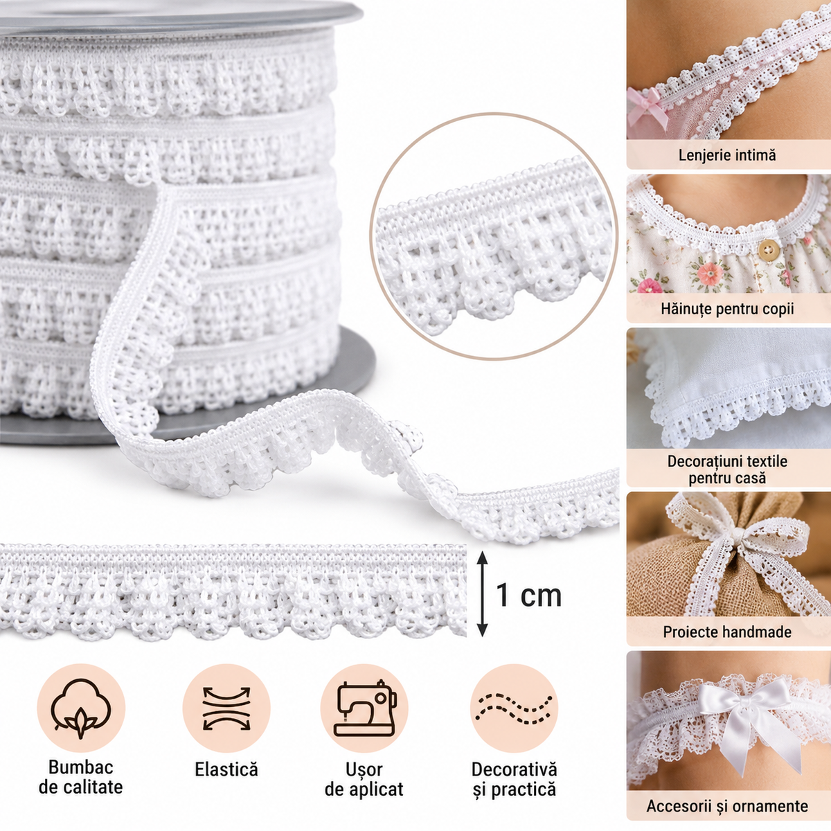 Dantela De Bumbac Elastica 10mm Alba - pret pe metru