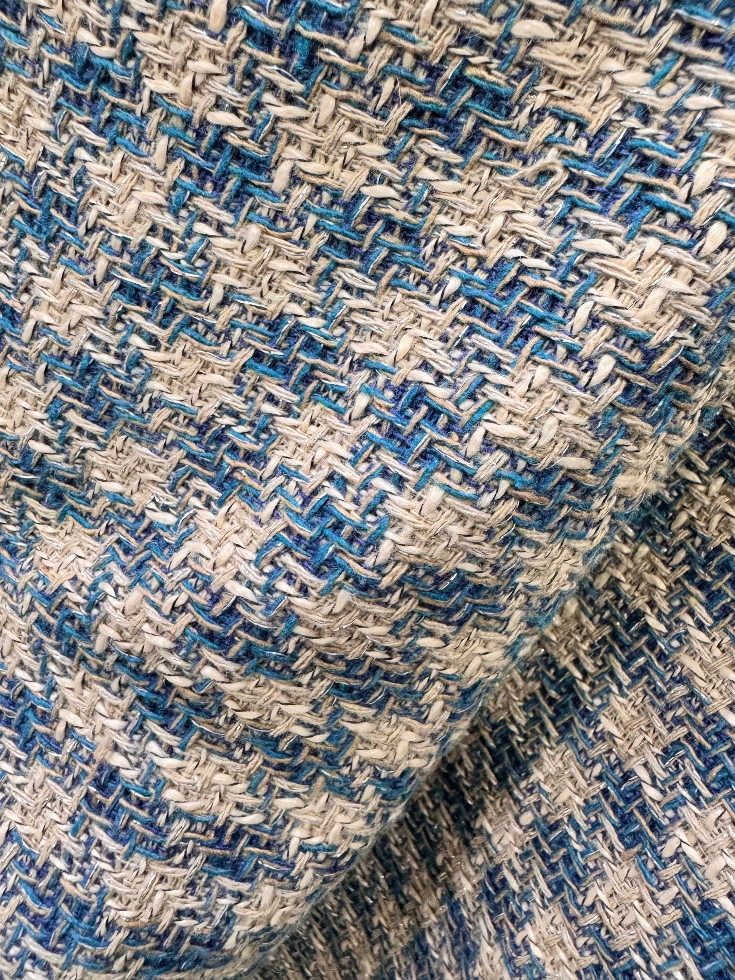Stofa Tweed Cu Fir Lurex, Bej Cu Turcoaz